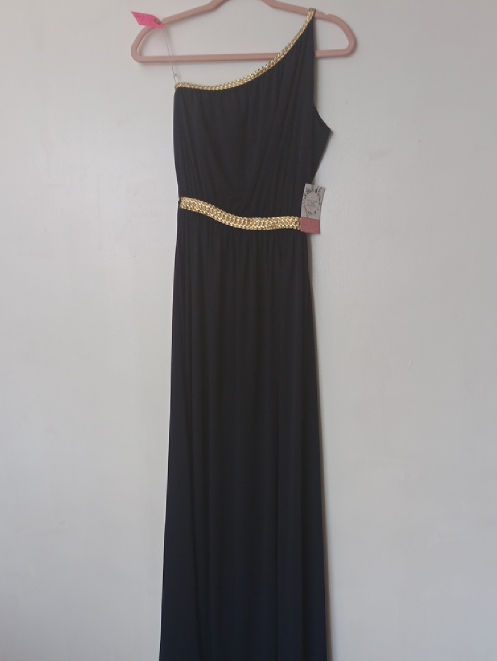 One-Shoulder Navy Blue Evening Gown with Gold Trim